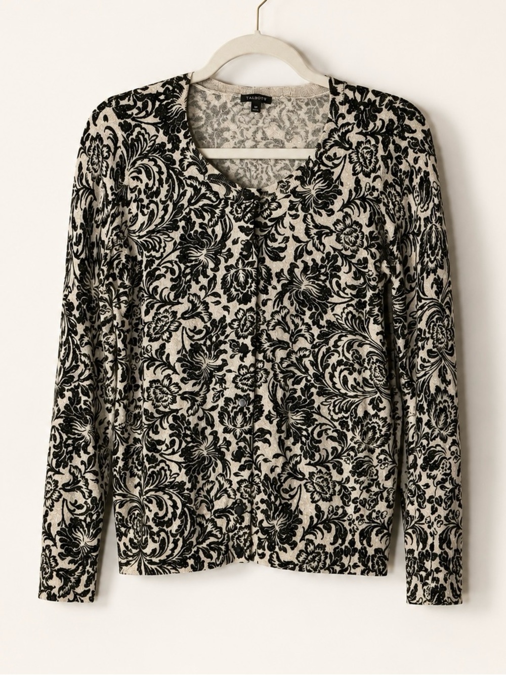 Talbots Damask Metallic Shimmer Cardigan Sweater Black Cream Medium - Picture 2 of 8